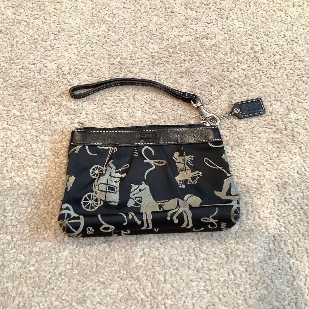 Coach Horse & Carriage Sateen Jacquard Pleated Pouch Black Cotton Wristlet